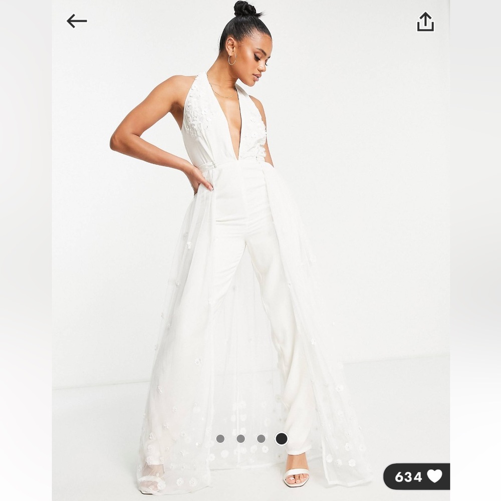 ASOS starlet plunge bridal jumpsuit with tulle overlay